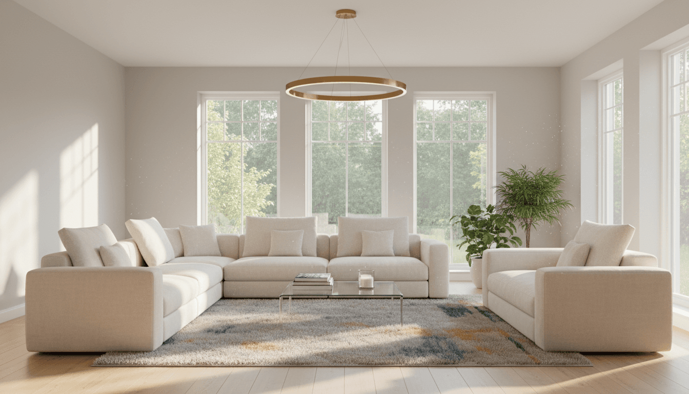 Bright modern living room with sunlight after professional cleaning