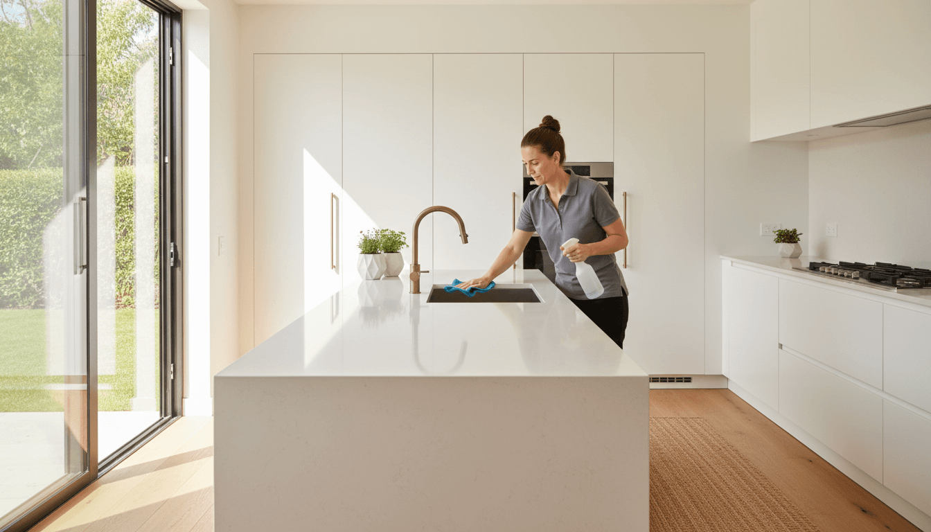 Professional cleaner wiping kitchen counter in a bright modern home