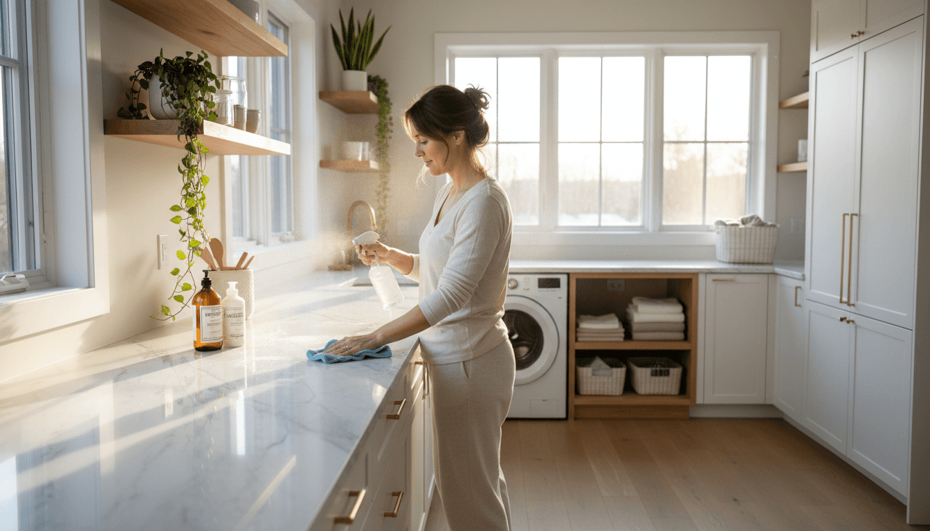 Cleaning supplies arranged neatly in a bright modern home