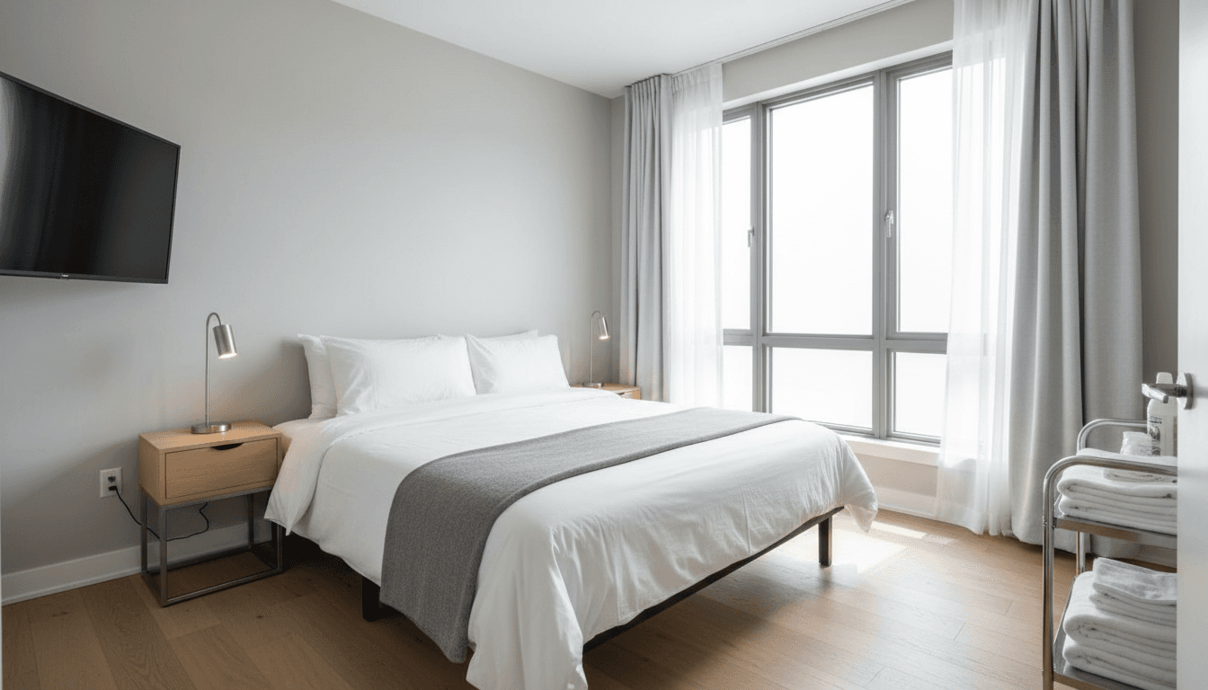 Professional cleaner making a bed with fresh white linens in a bright, modern vacation rental