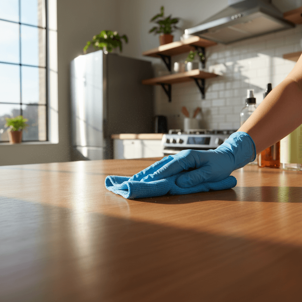 professional cleaner wiping kitchen counter with microfiber cloth in bright modern home