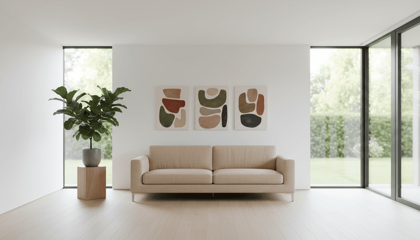 Bright, clean modern living room interior with sunlight and neat surfaces