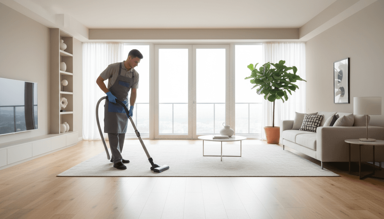 Professional cleaner with supplies in a bright Seattle living room