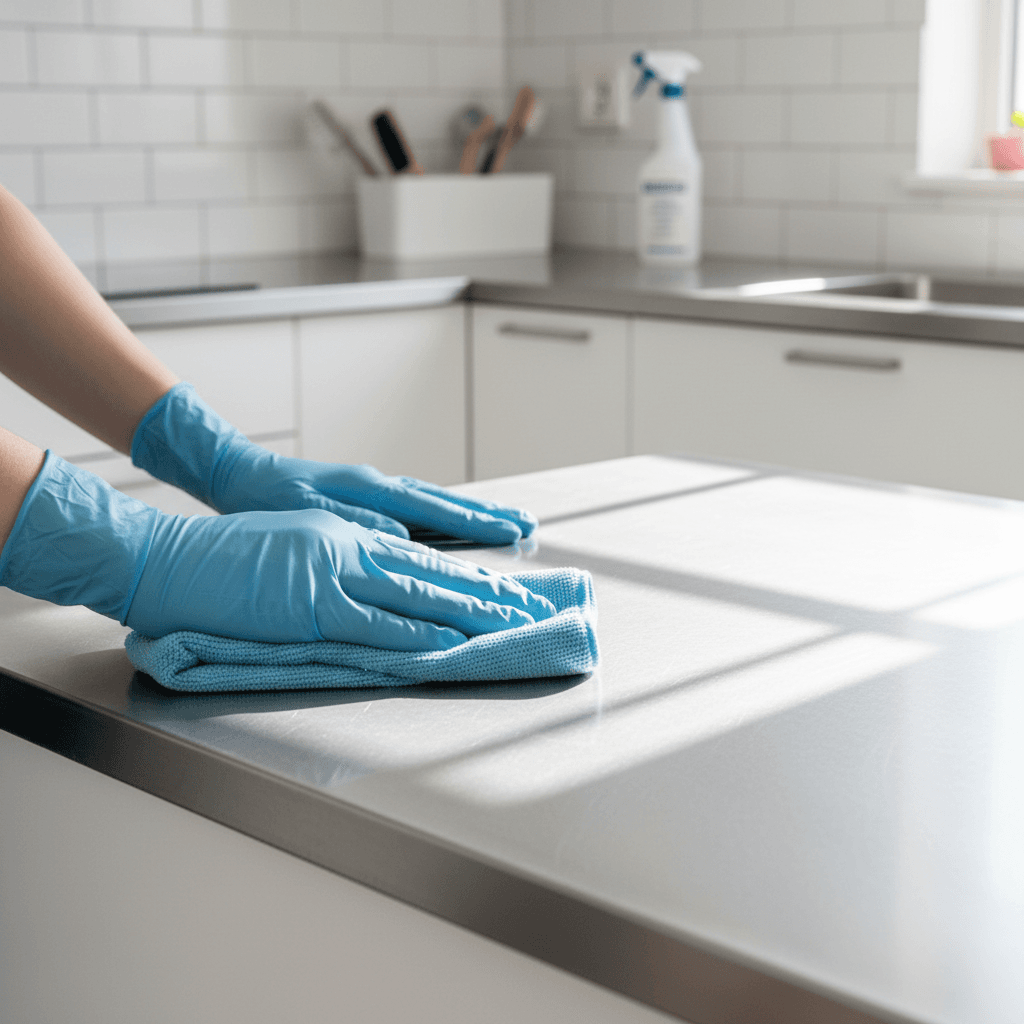 Professional cleaner wiping a kitchen counter in a bright Seattle home