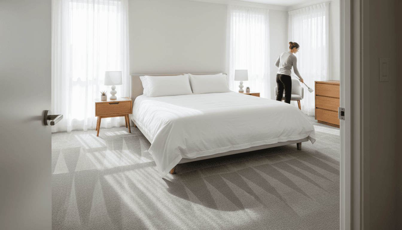 Professional cleaner making a bed with fresh white linens in a bright modern apartment